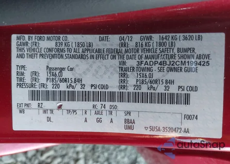 2012 Ford Fiesta Se from USA, damaged, VIN 3FADP4BJ2CM199425